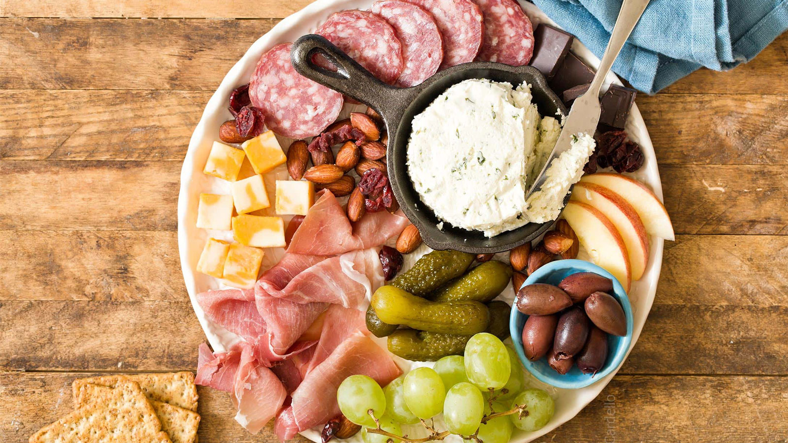 Small platter with meats and cheeses and fruit.