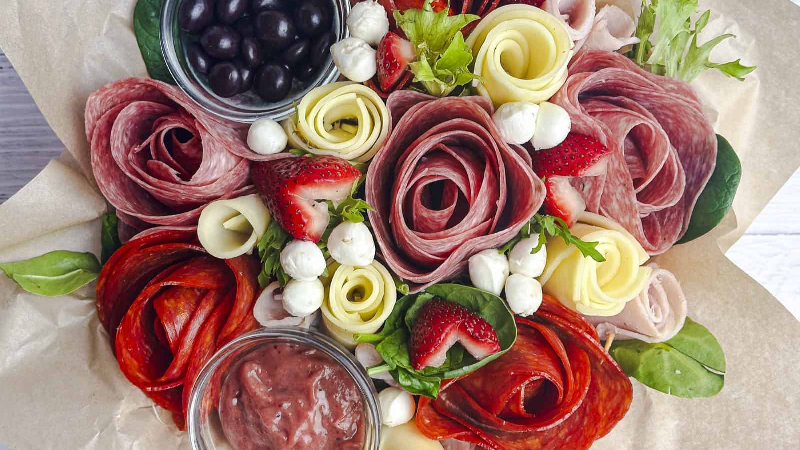 Close up photo of charcuterie bouquet.