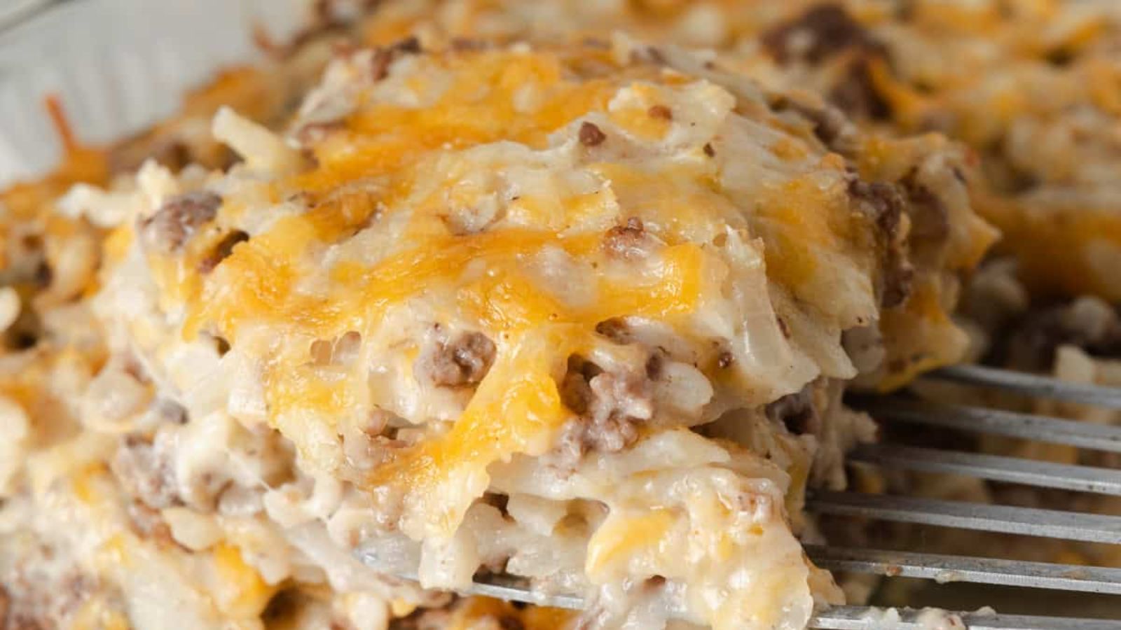 A portion of cheeseburger casserole.