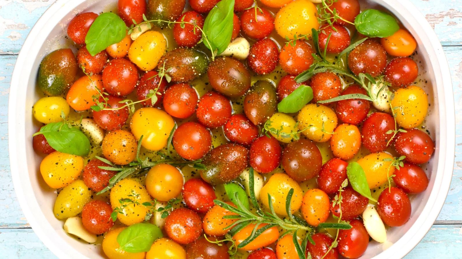Cherry tomato on an oval plate.