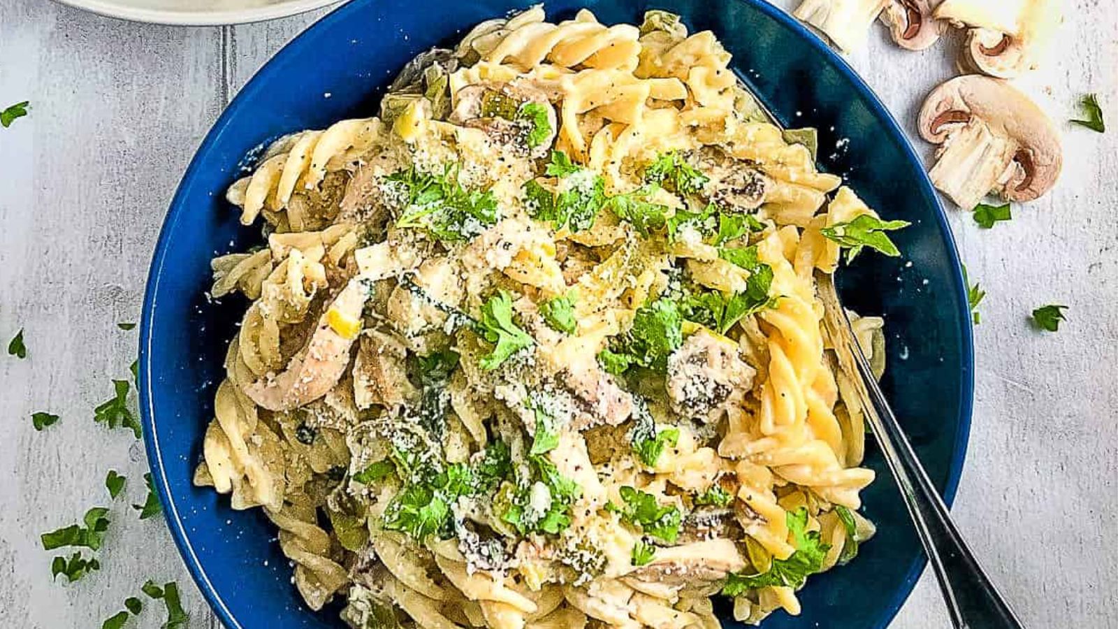 Mushroom pasta on a plate.