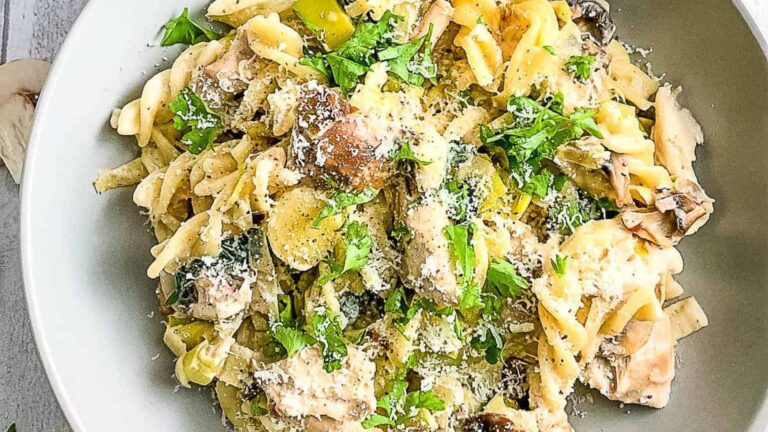 Mushroom pasta on a plate.