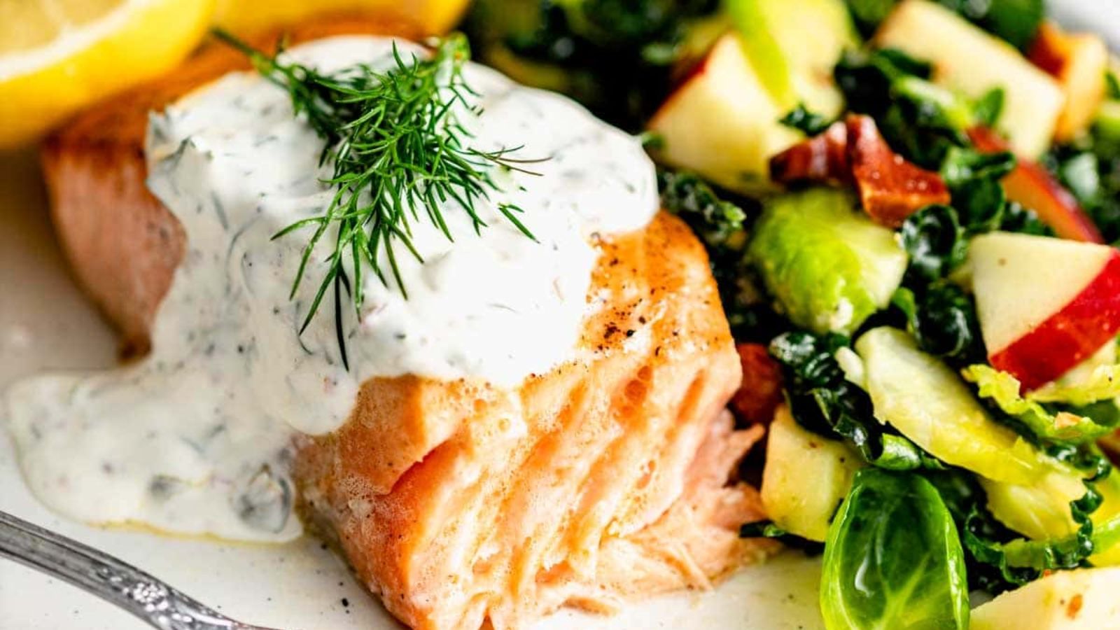 Salmon with sauce on top.