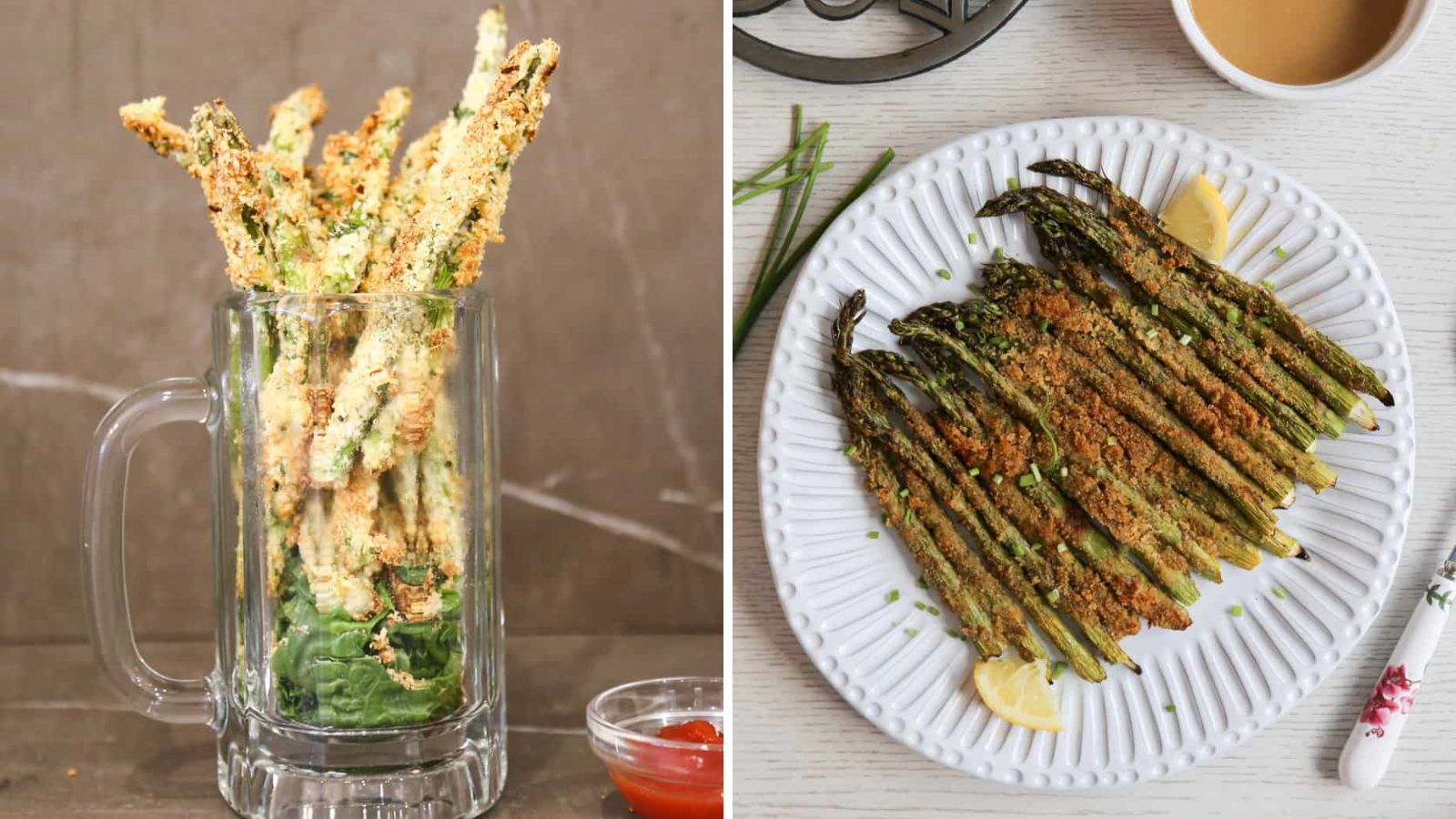 Asparagus fries on a plate and in a glass.