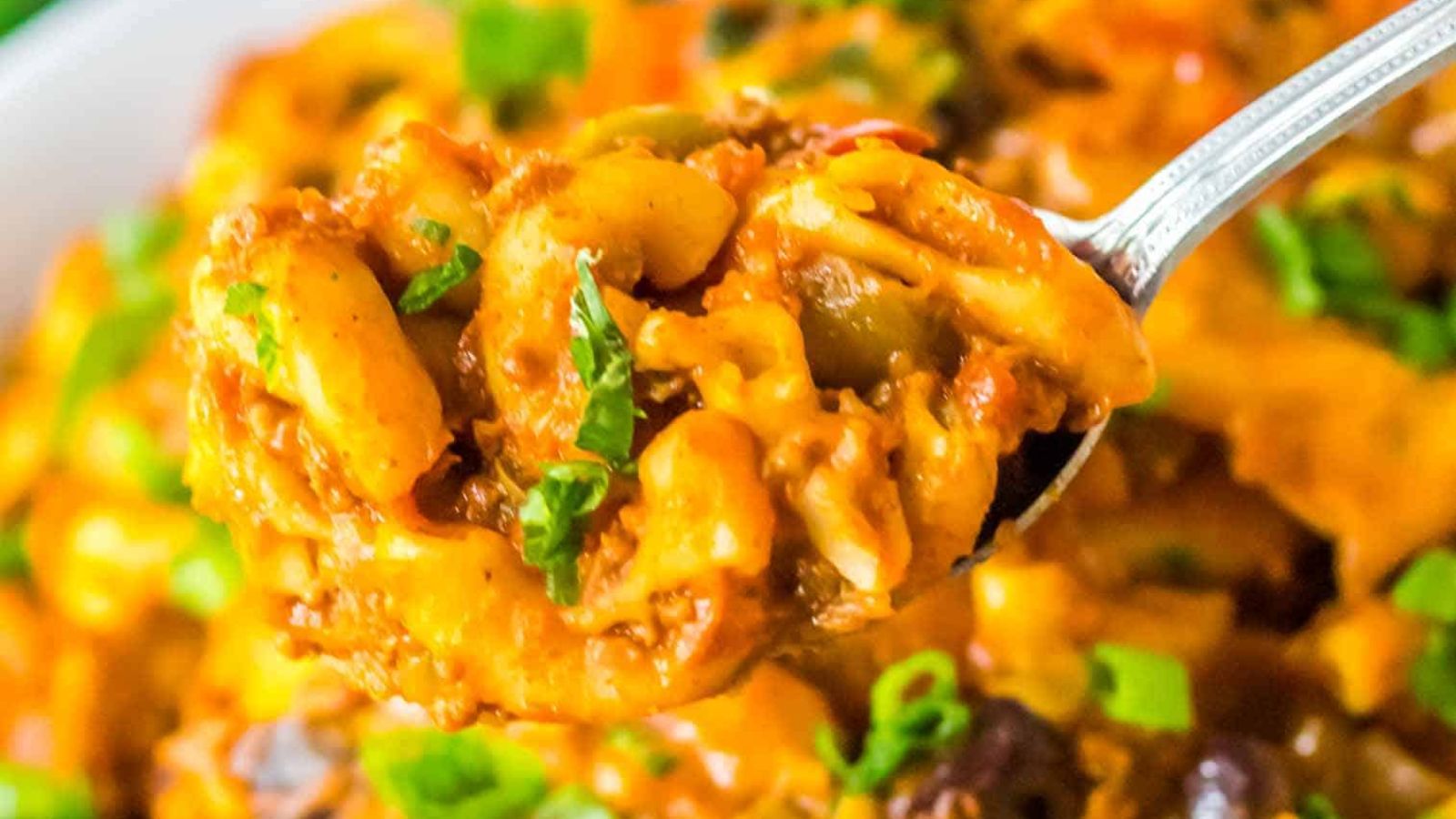 Close up shot of chili mac and cheese.