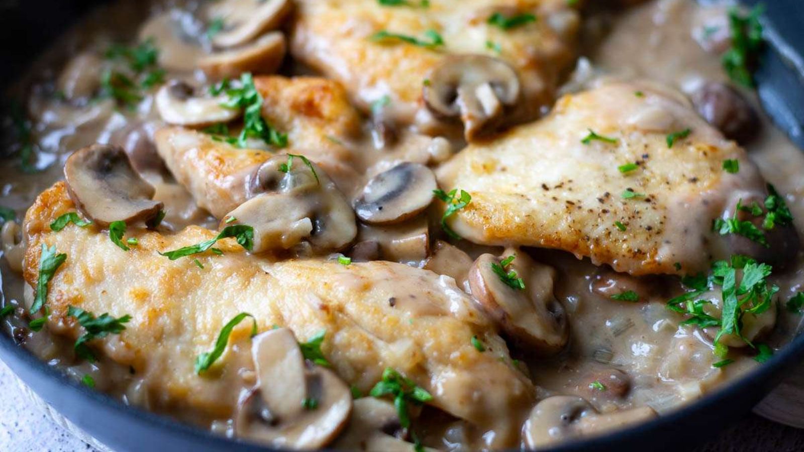 Cream of mushroom chicken close up shot. 