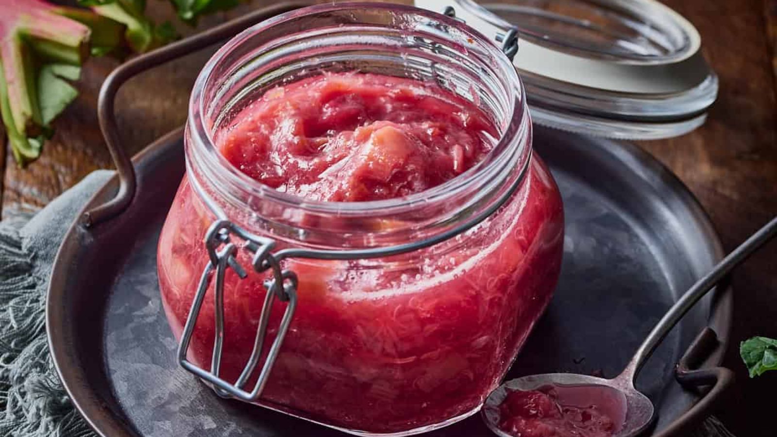 Rhubarb compote in a jar.