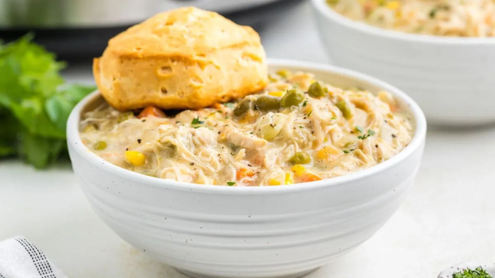 Chicken pot pie in a bowl.