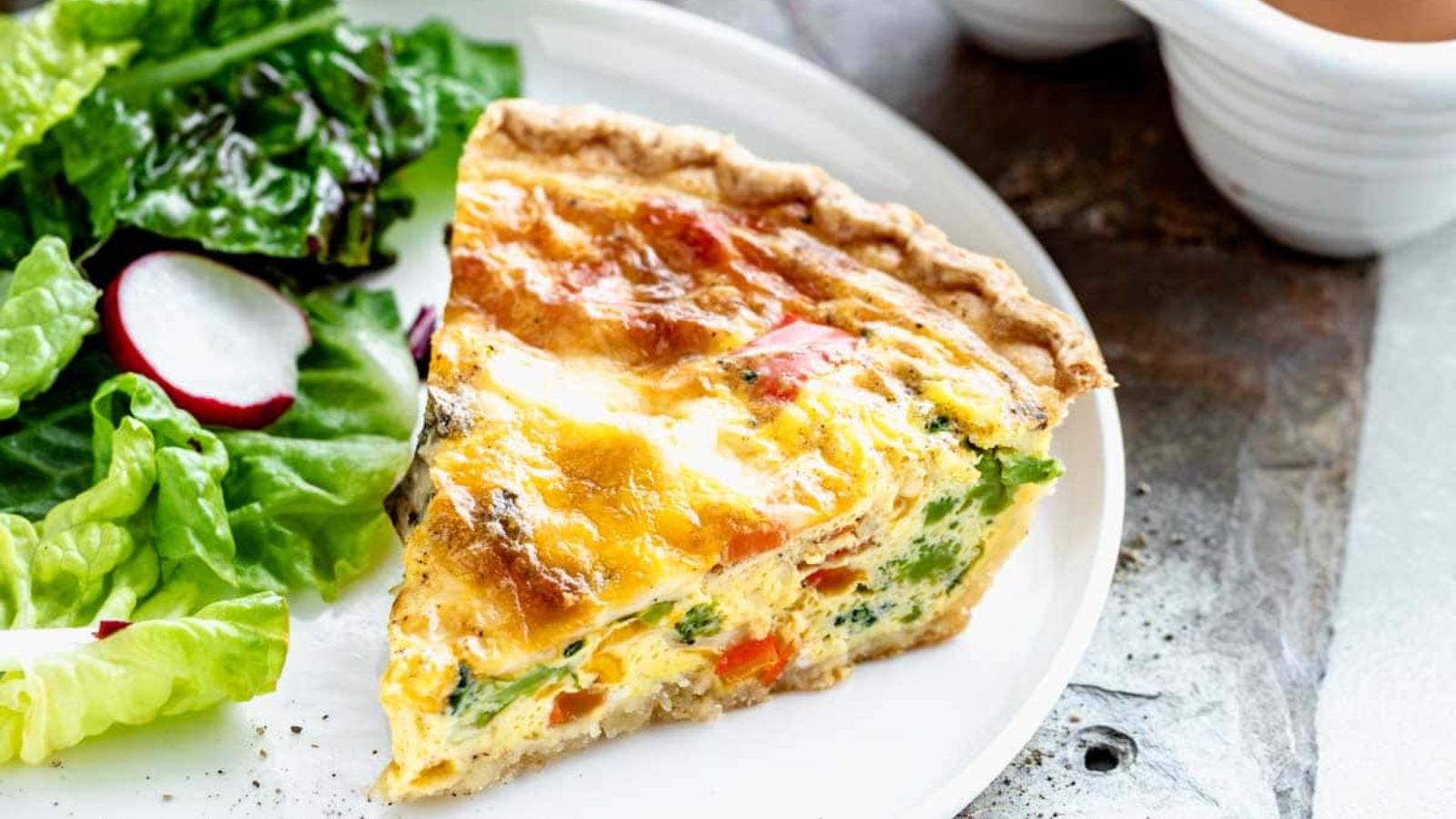 Sliced veggie quiche.
