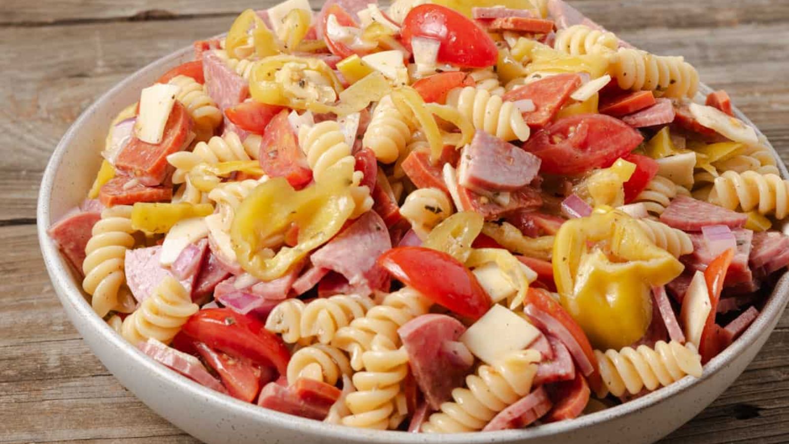 Pasta salad in a bowl.