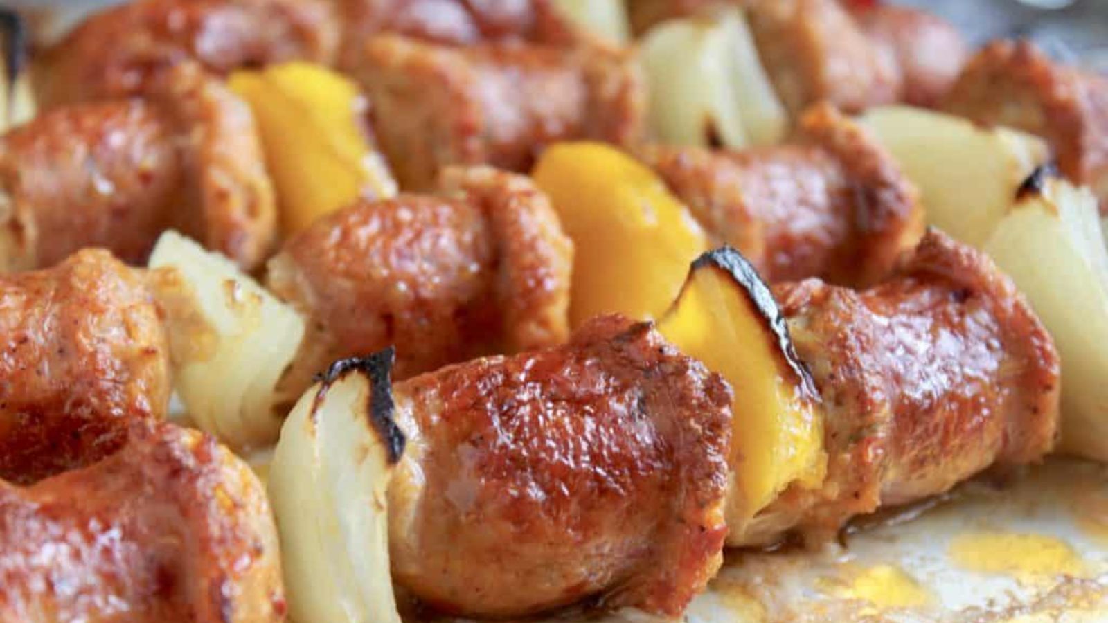 Sausage skewers close up shot.