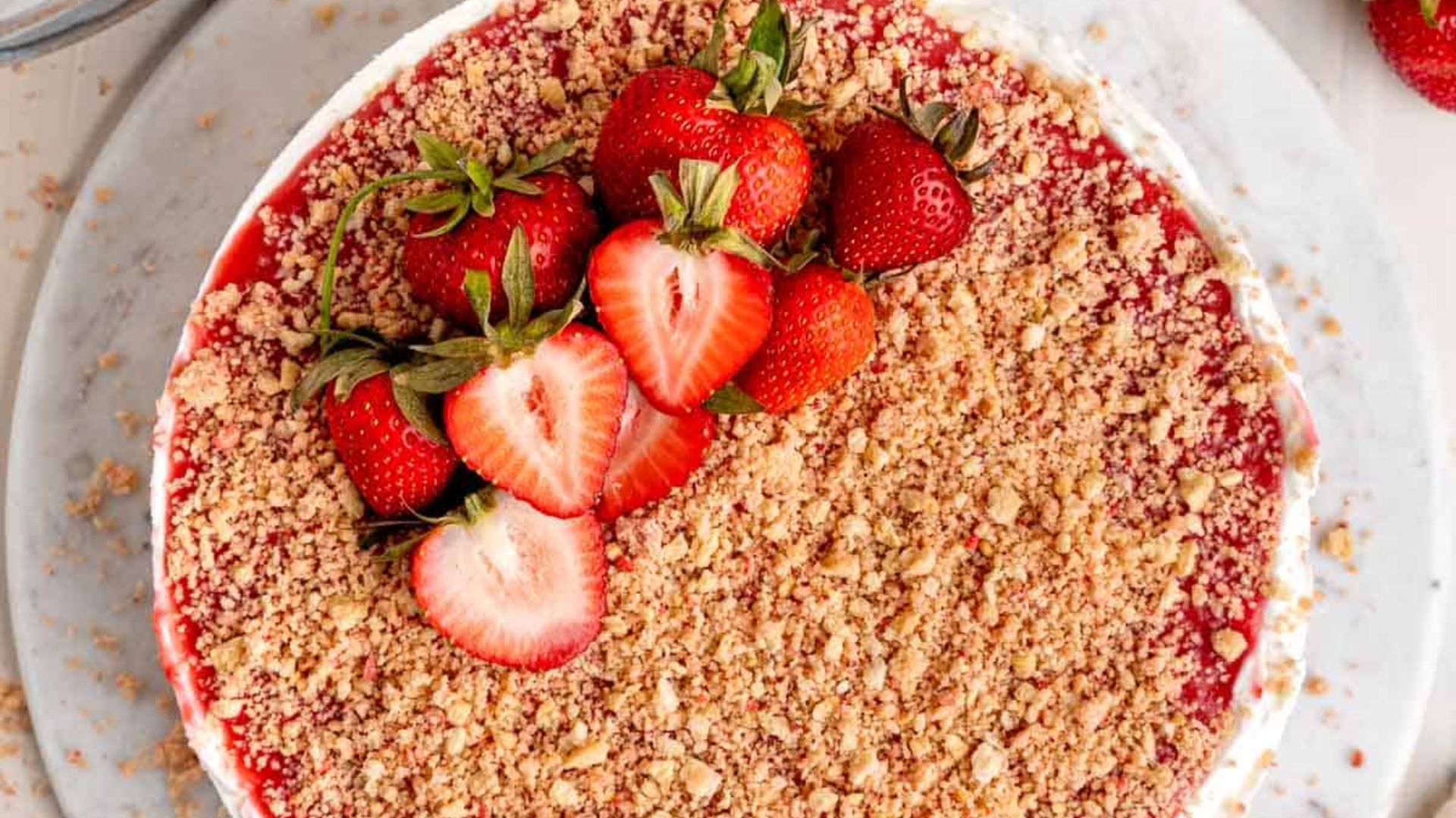 Whole strawberry crunch cheesecake.