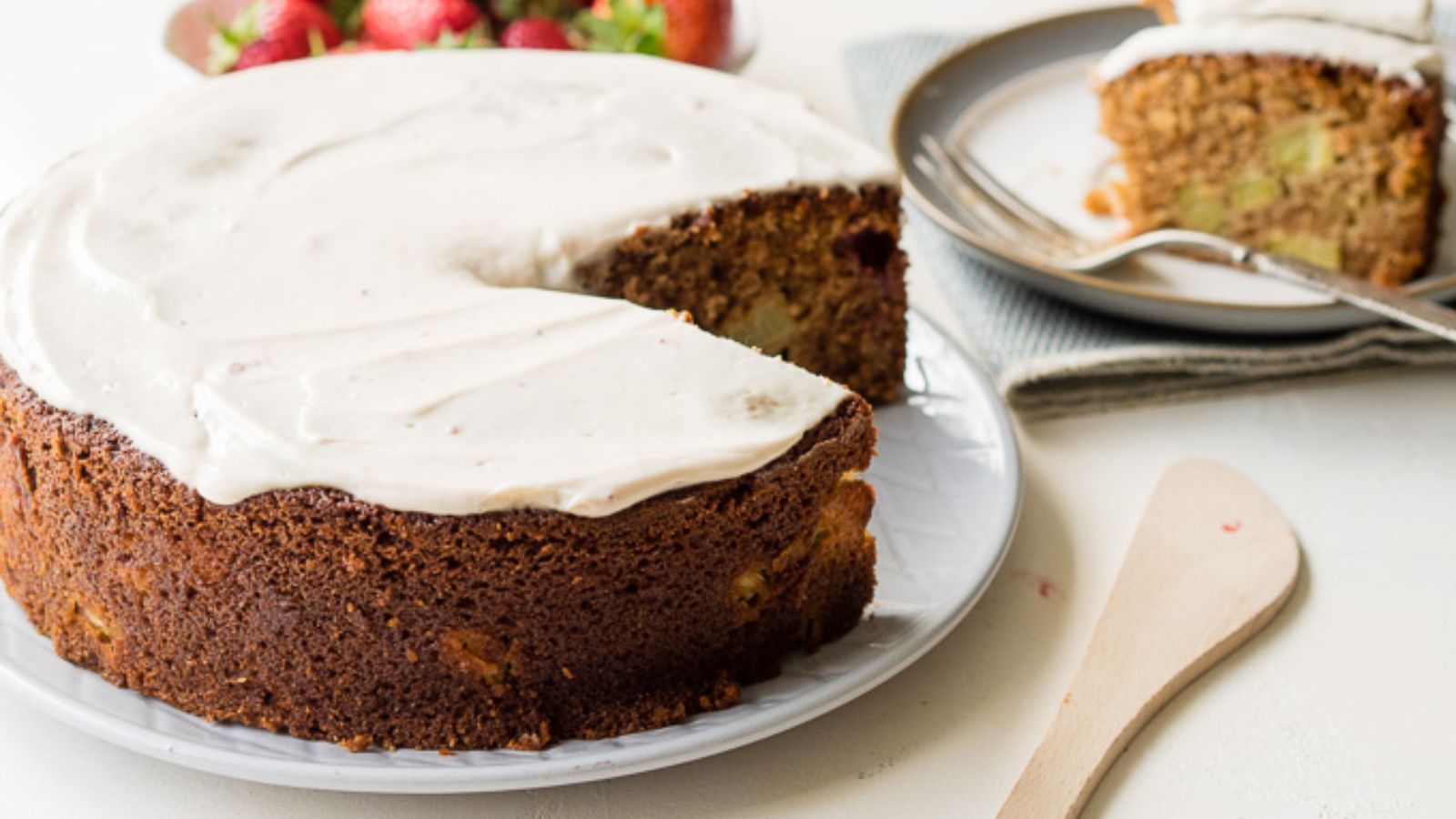 Rhubarb cake with a slice.