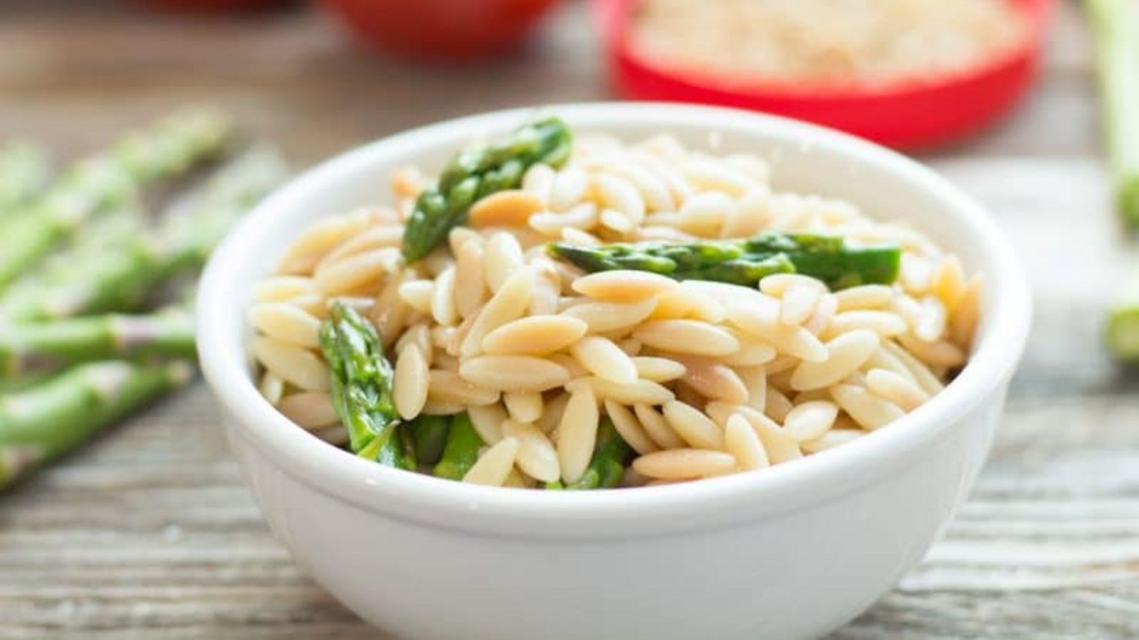 Risotto with asparagus in a bowl.