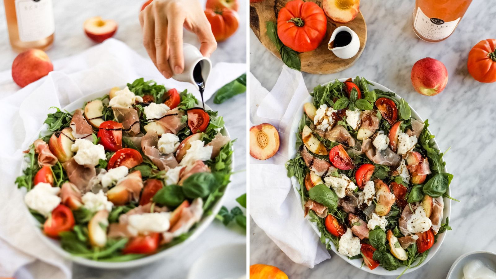 Peach arugula salad on a plate.