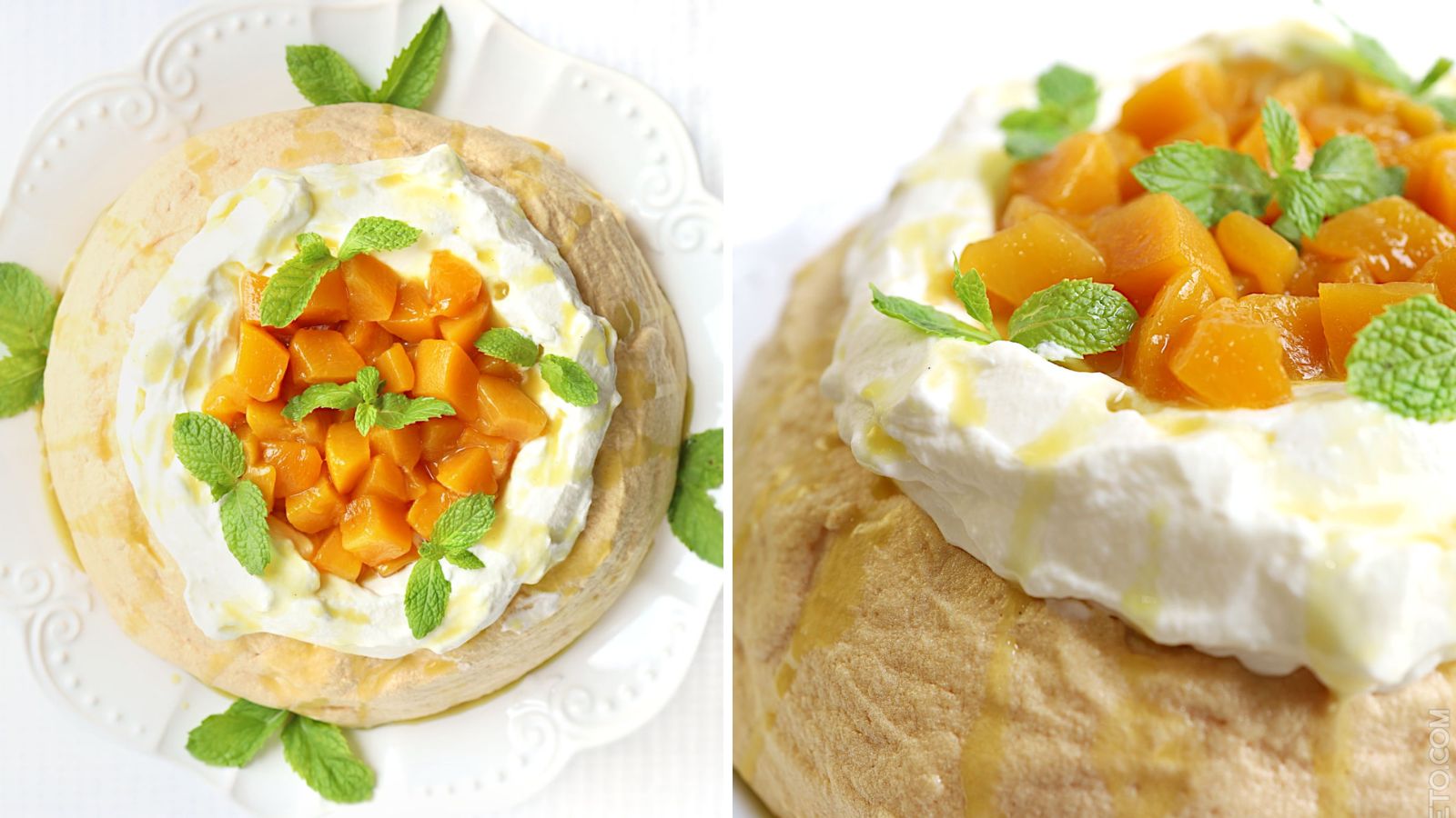 Cream pavlova with fresh peaches on top.
