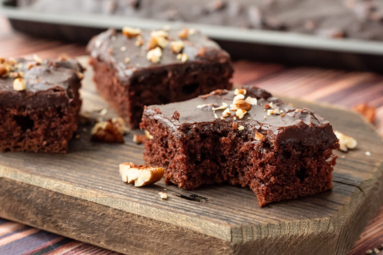 Chocolate Cake with chocolate frosting and nuts.
