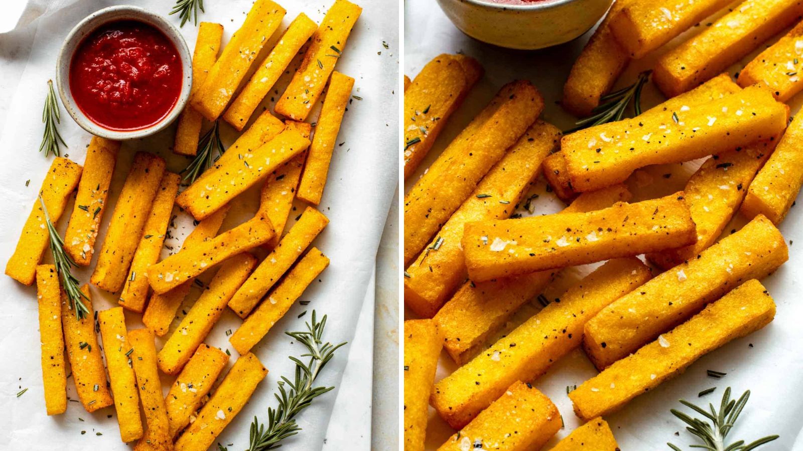 Polenta fries on a plate with ketchup on the side,.