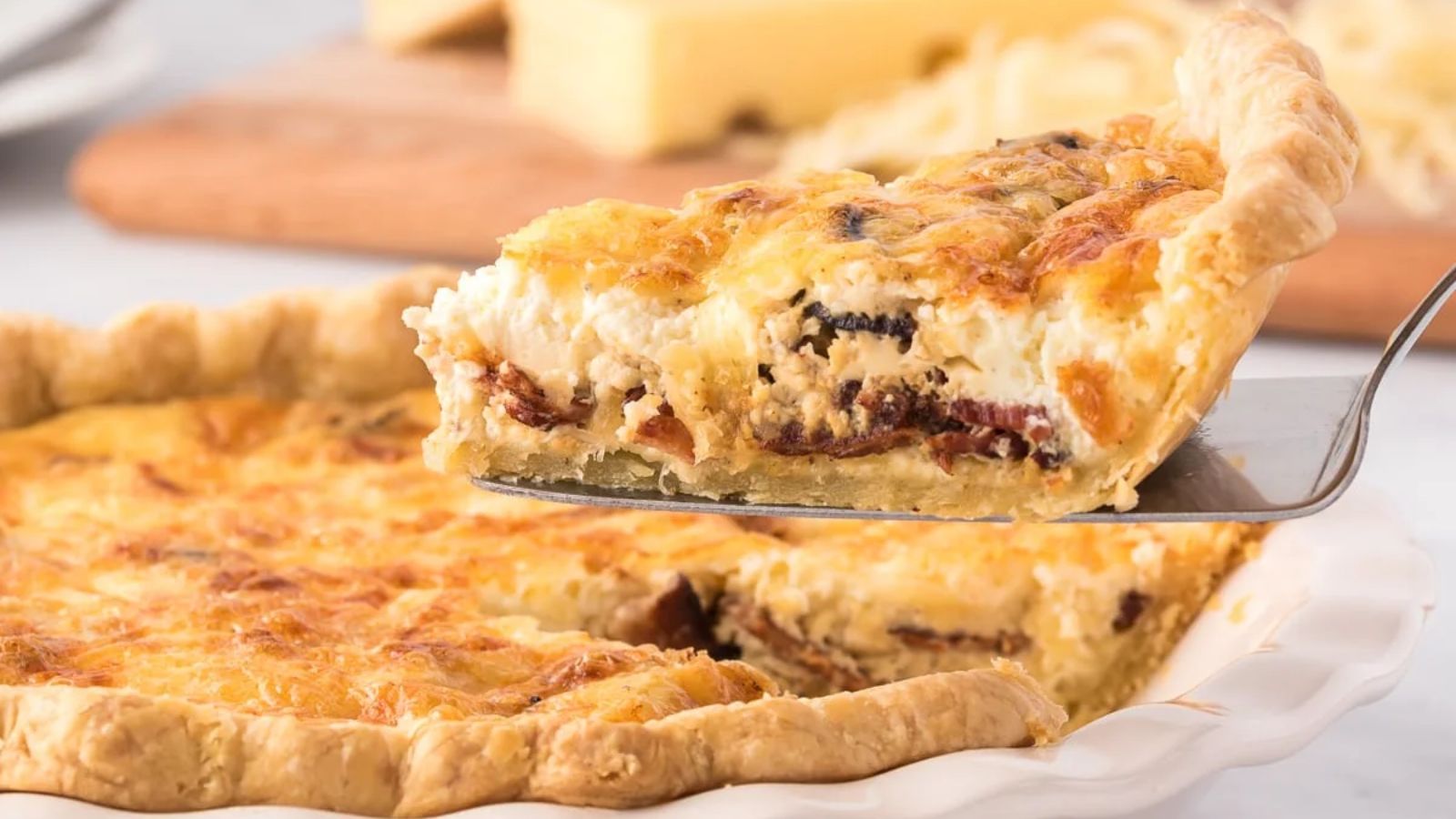 Sliced quiche lorraine.