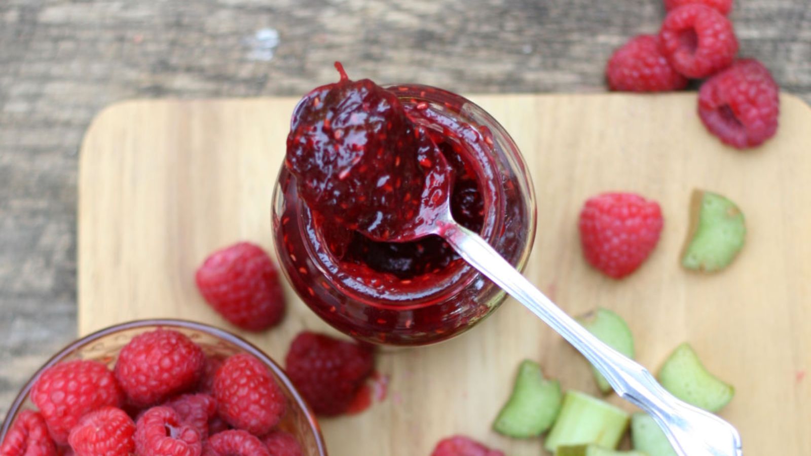 Raspberry rhubarb jam in a jar.