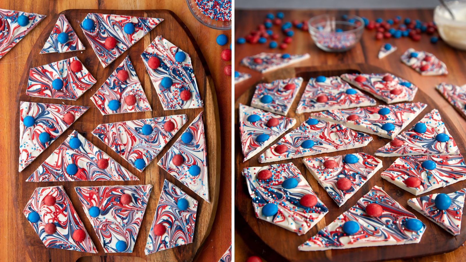 Bark in color red, white and blue.