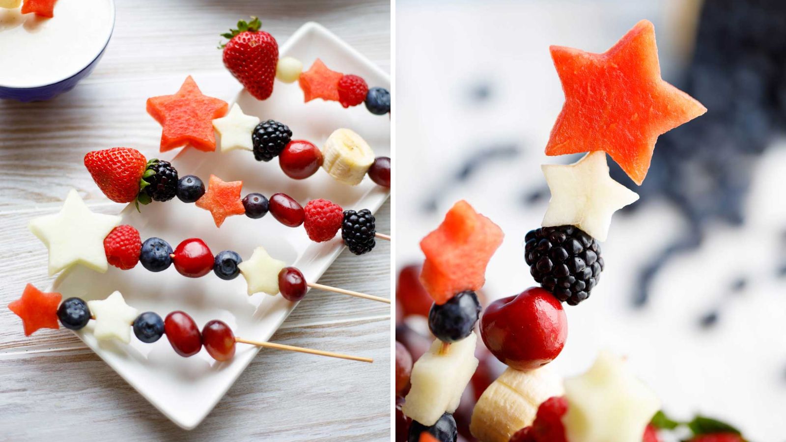 Fruit kabobs on a plate.