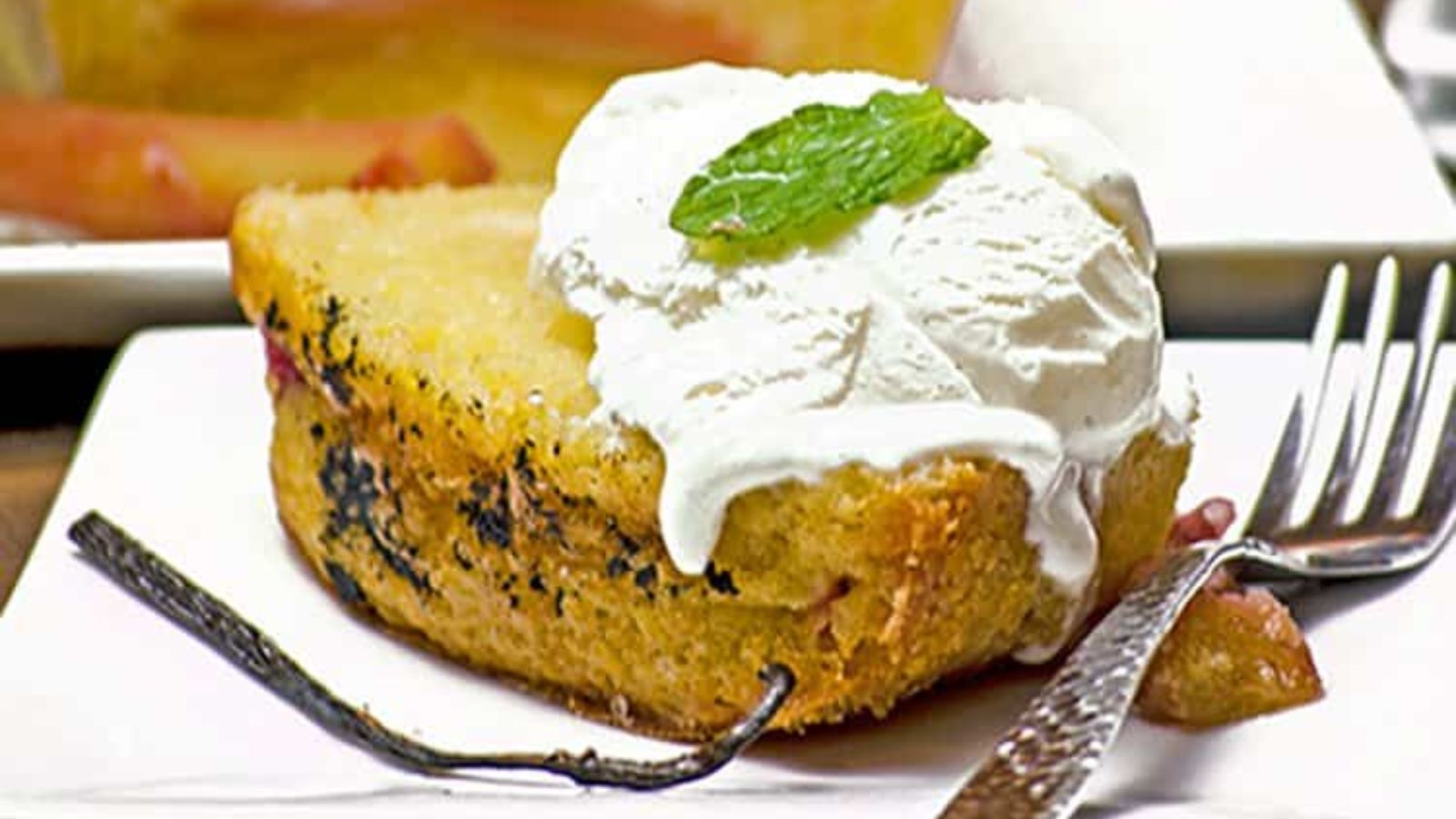Slice of rhubarb vanilla pound cake.