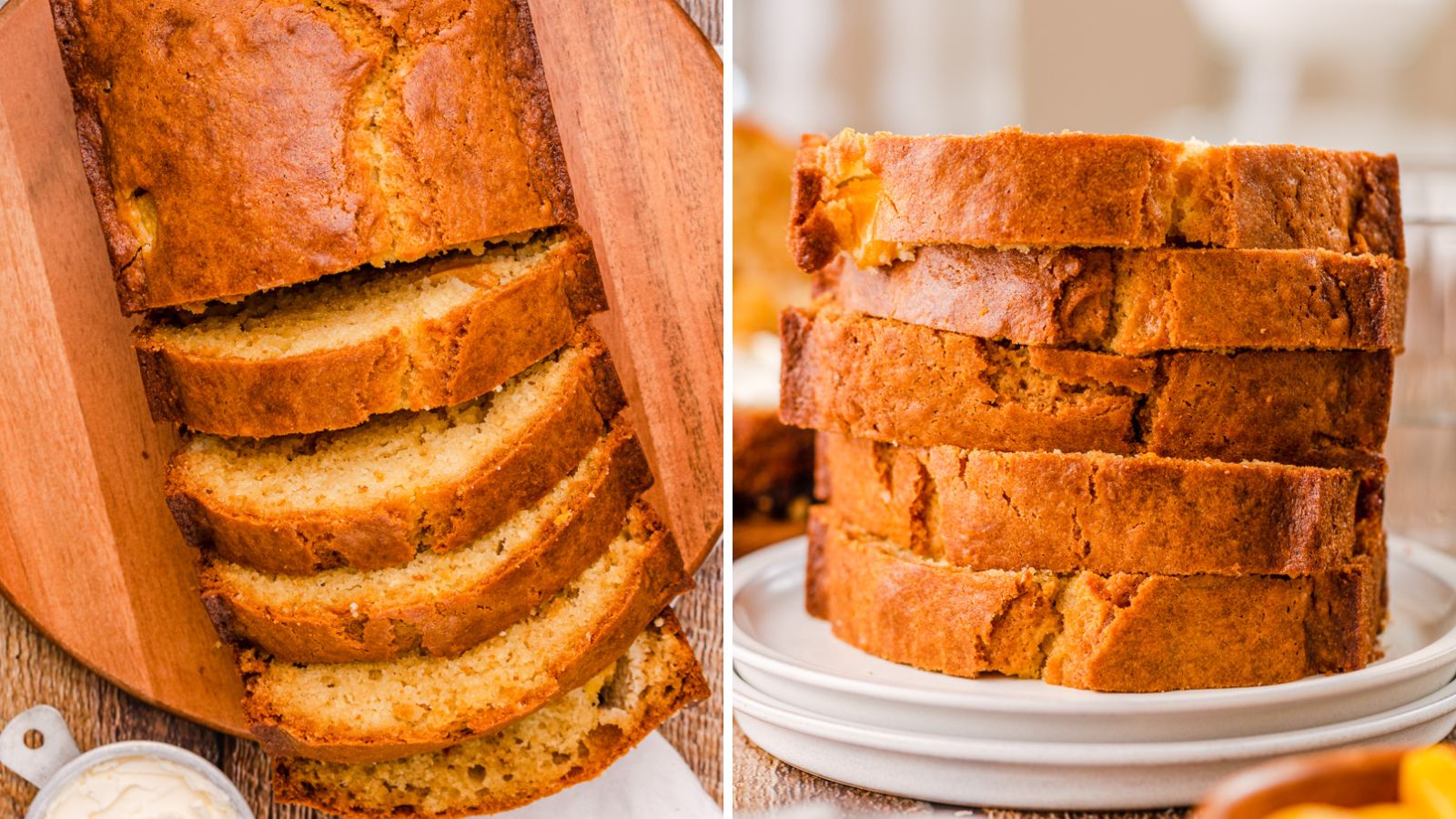 Southern Peach Bread sliced and stacked.