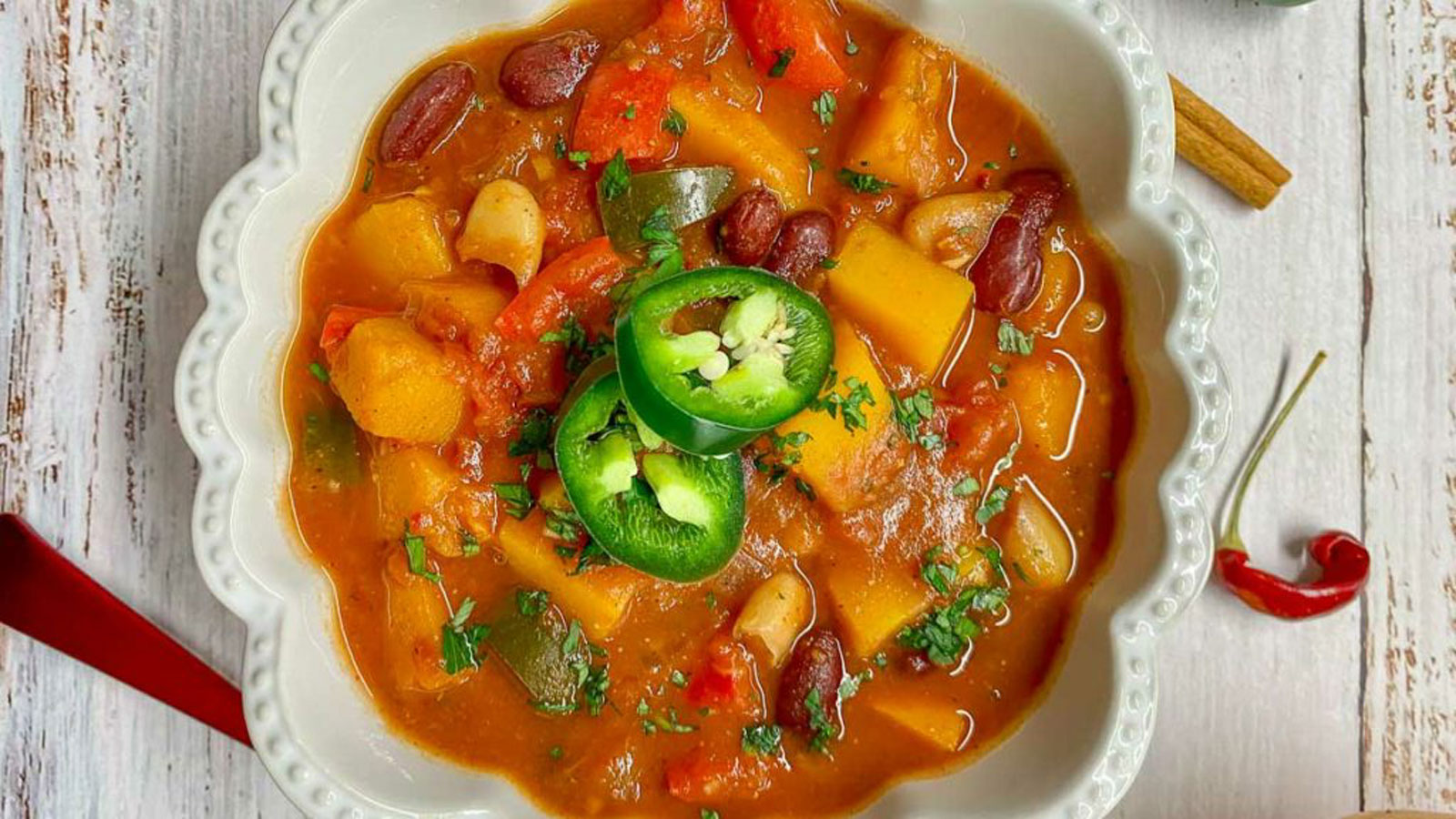 Colorful chili with butternut and beans.