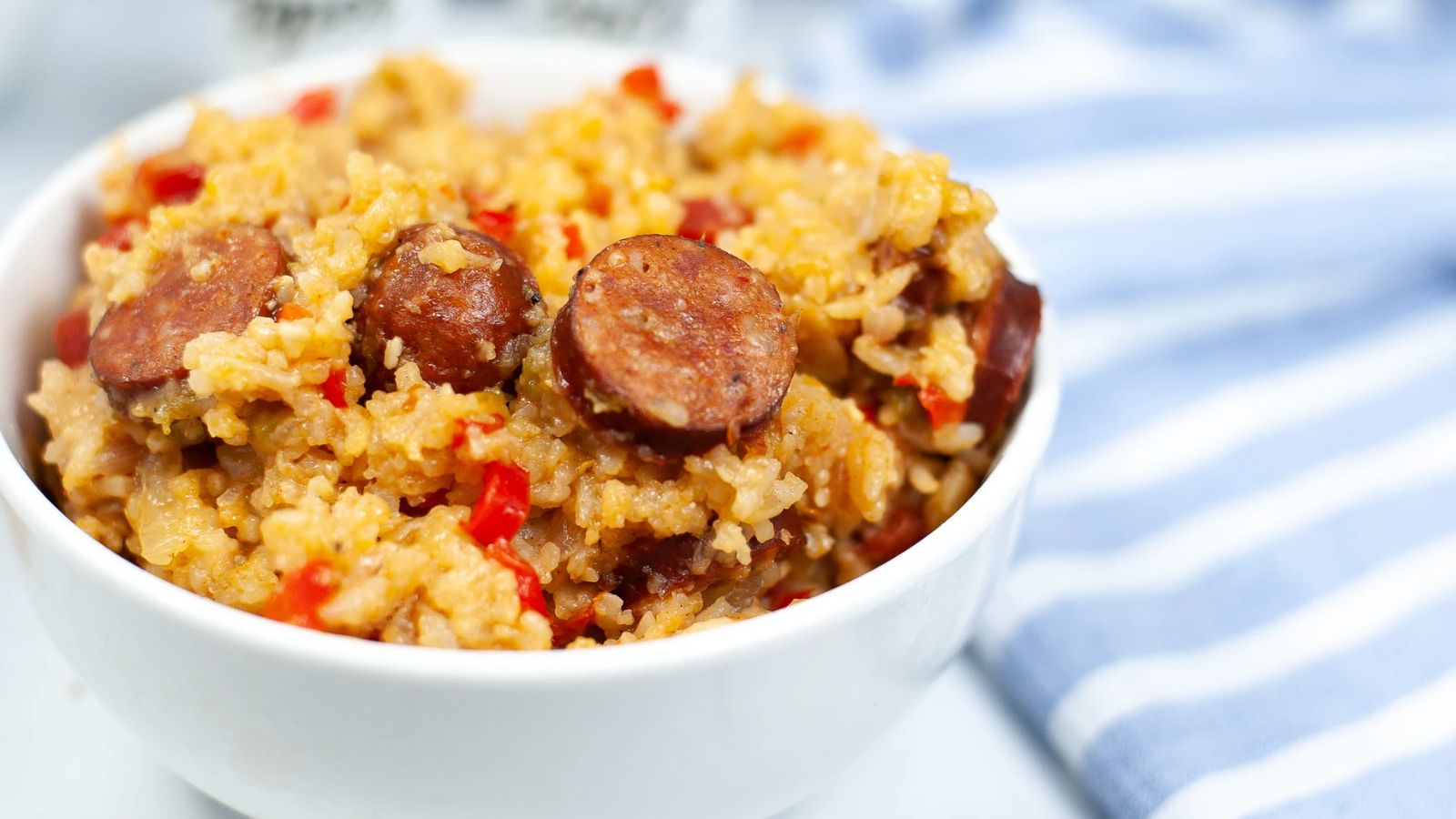 Jambalaya with sausage in a bowl.