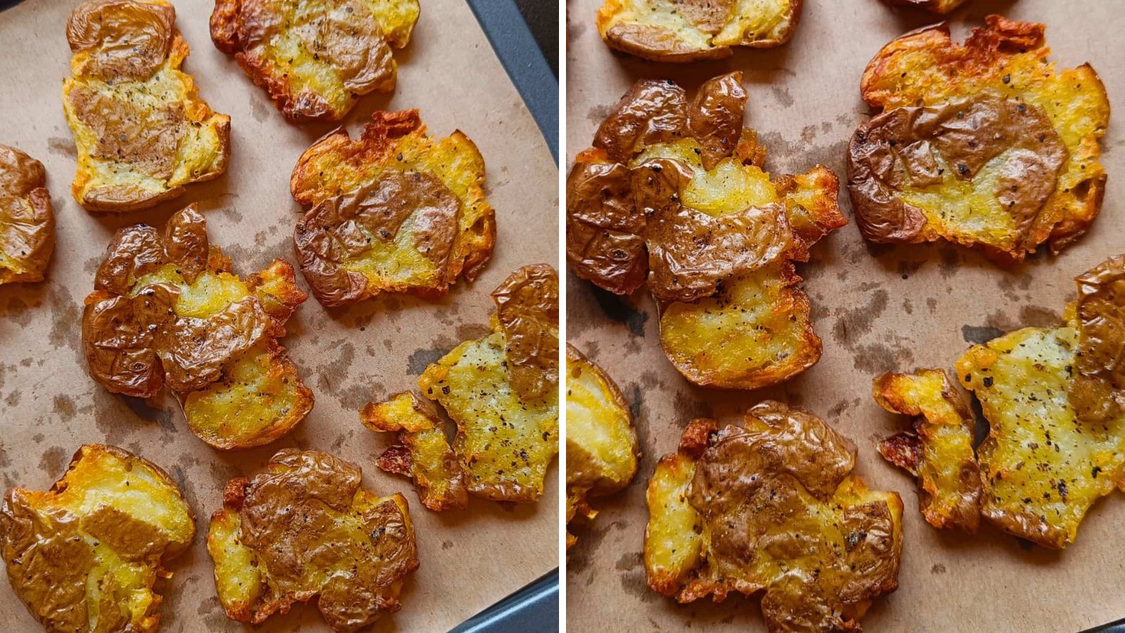 Smashed potatoes on a tray.