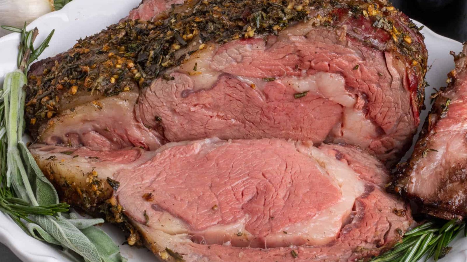 Prime rib with a slice.