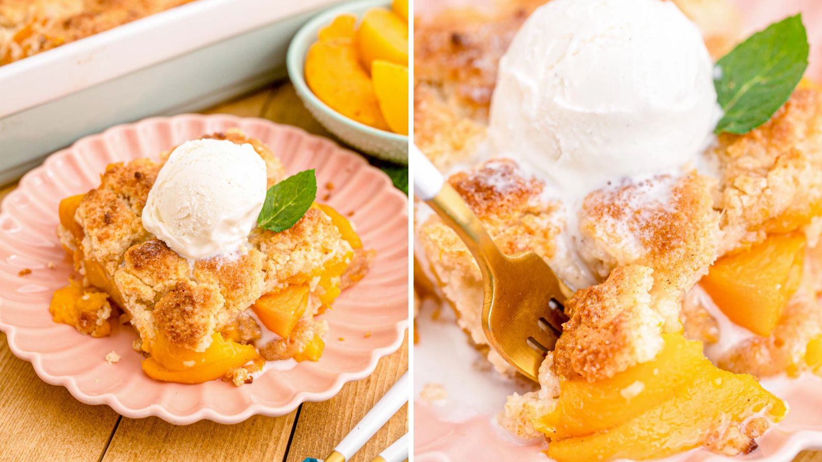 Peach cobbler with a scoop of an ice cream on top.