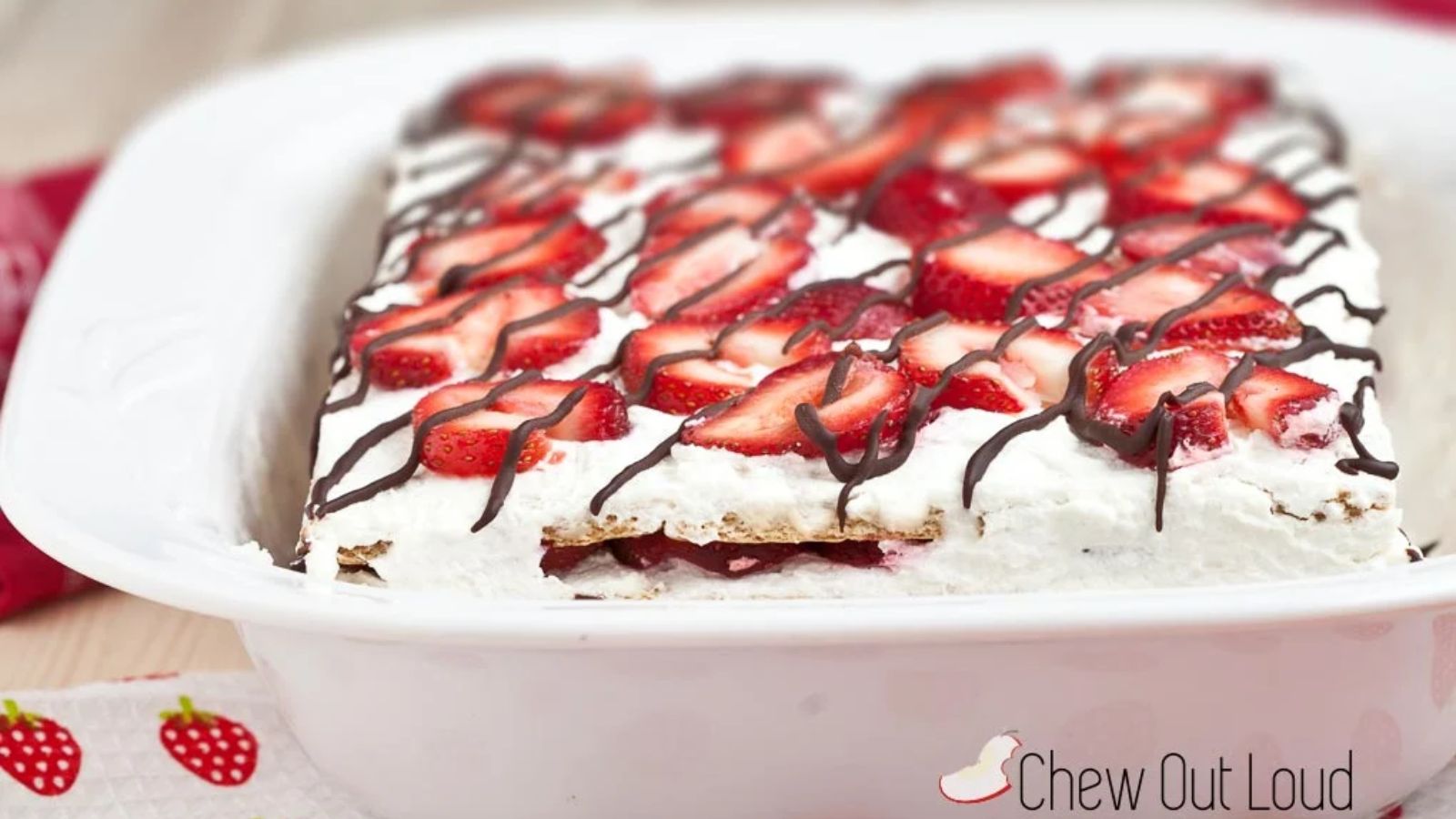 Strawberry icebox cake on a tray.