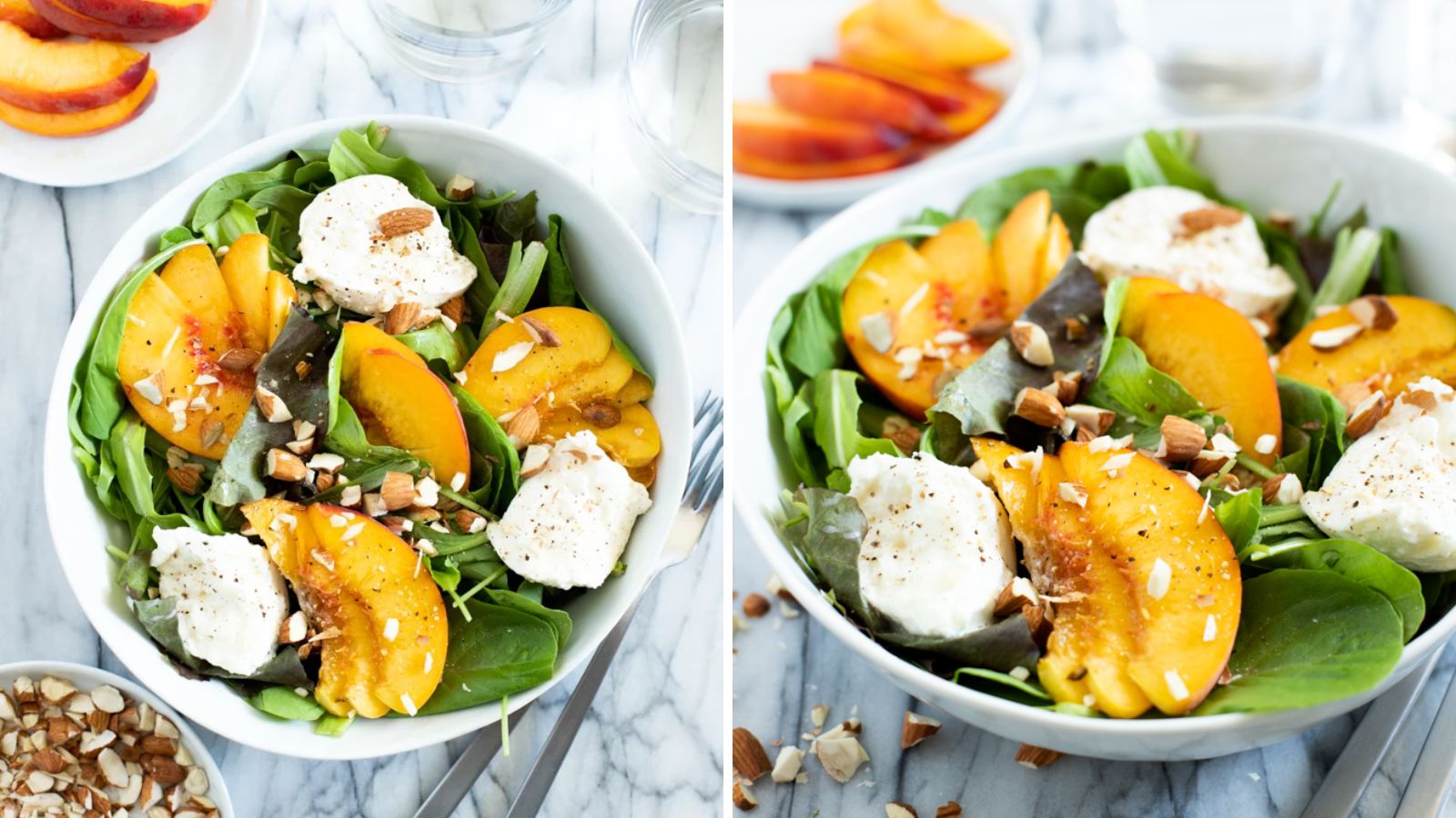 Peach burrata in a bowl.