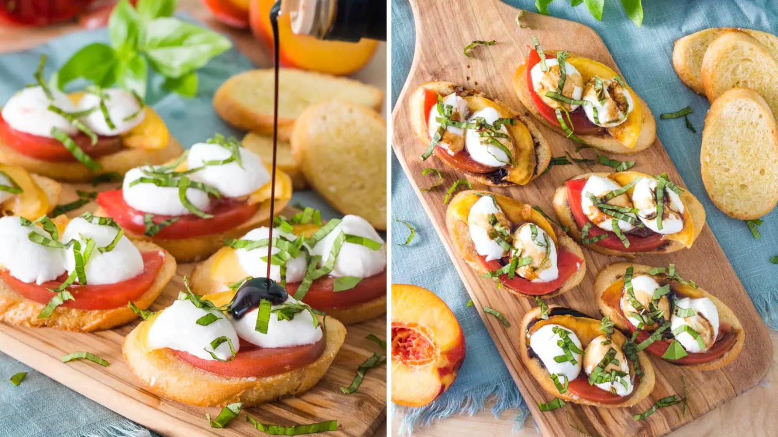 Photo compilation of crostini with burrata and balsamic.