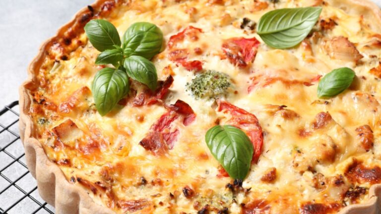Close up shot of caprese quiche.
