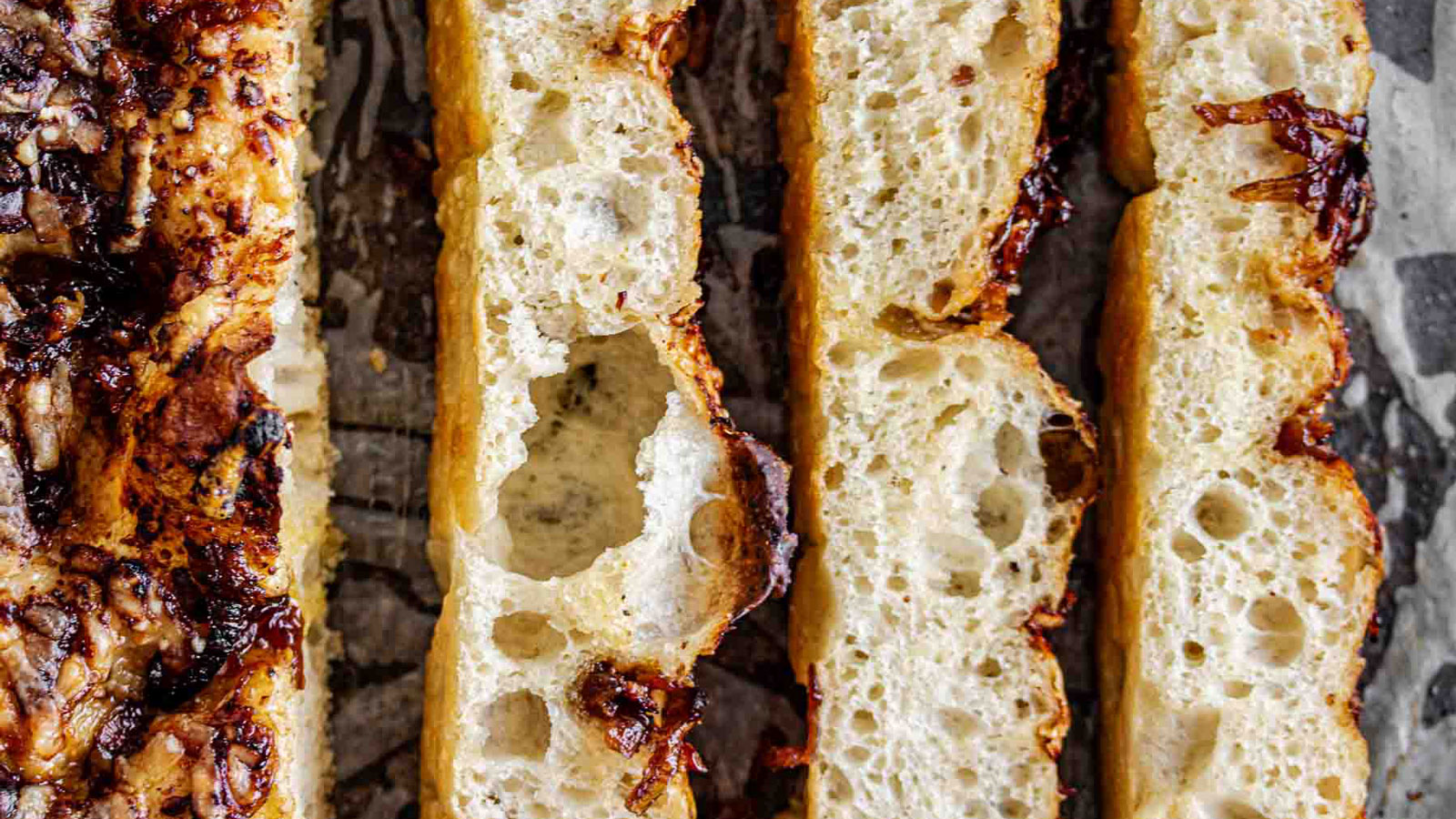 Slices of caramelized focaccia.