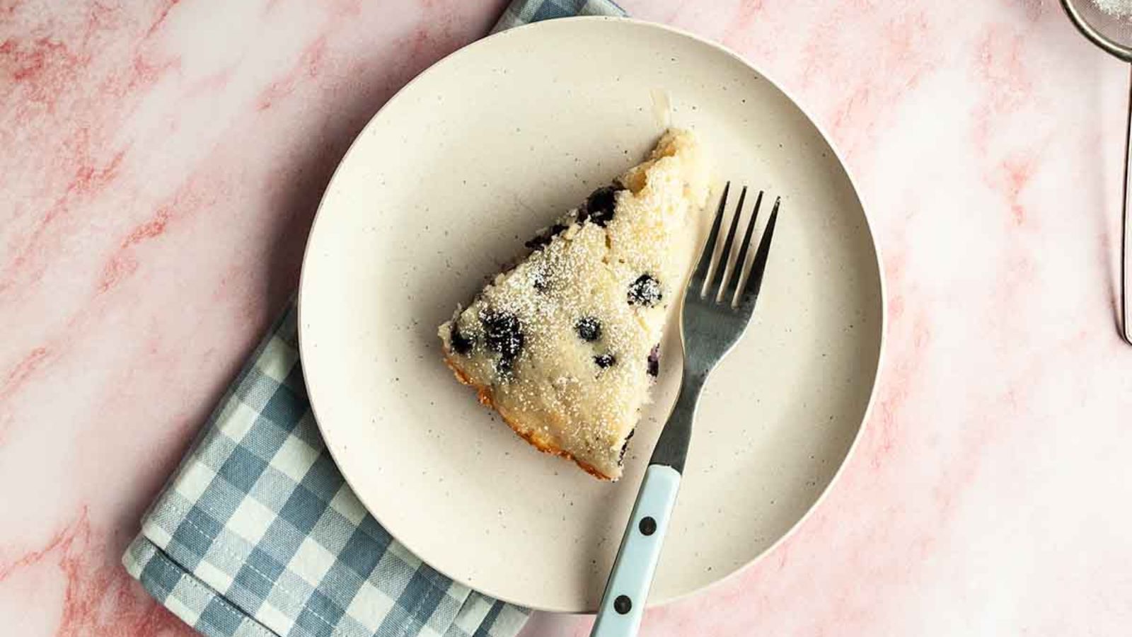 A slice of blueberry cake on a plate.