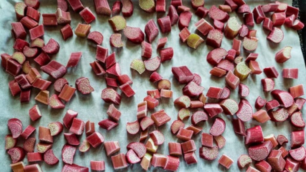 Chopped rhubarb on parchment.
