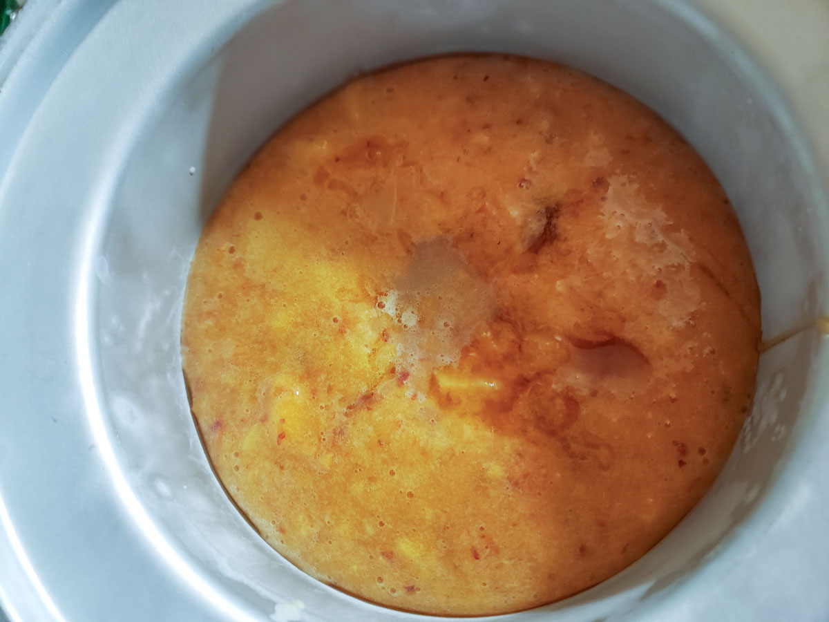 Pour the peach mixture into a chilled ice cream maker.
