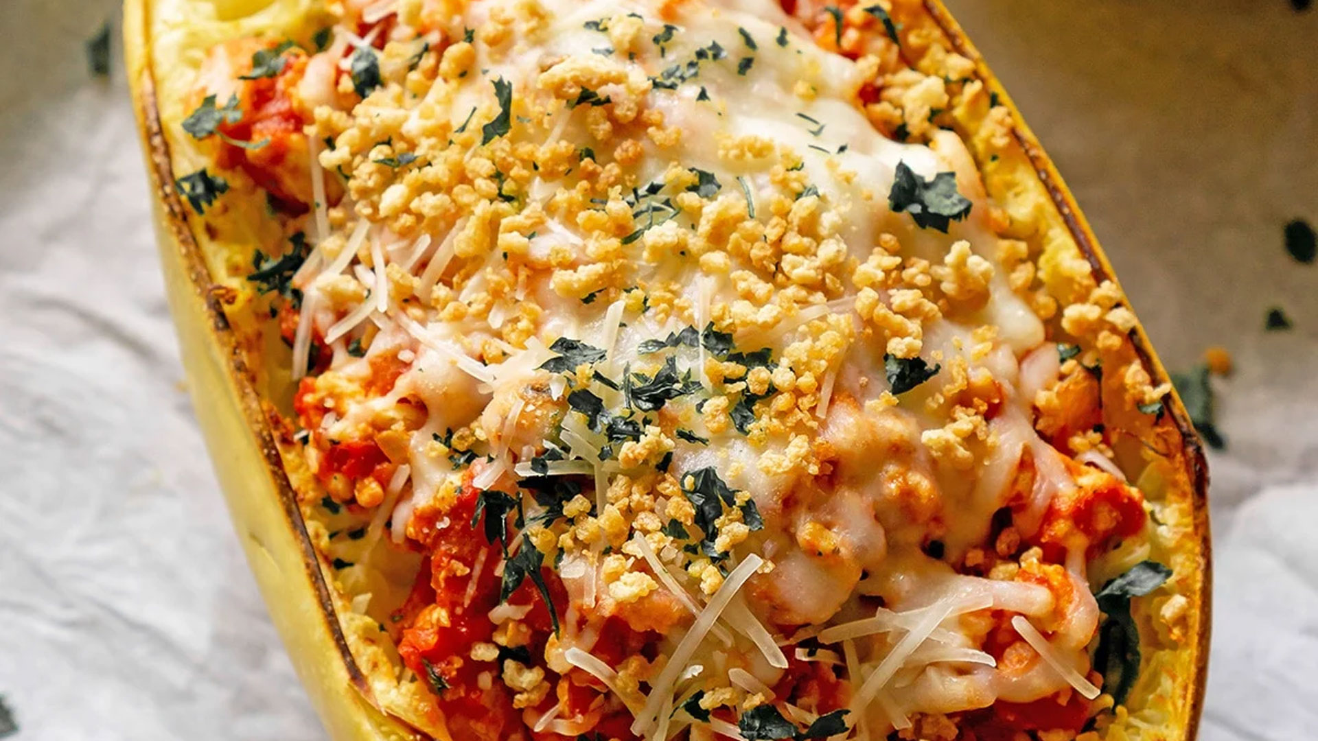 Close up of stuffed spaghetti squash.