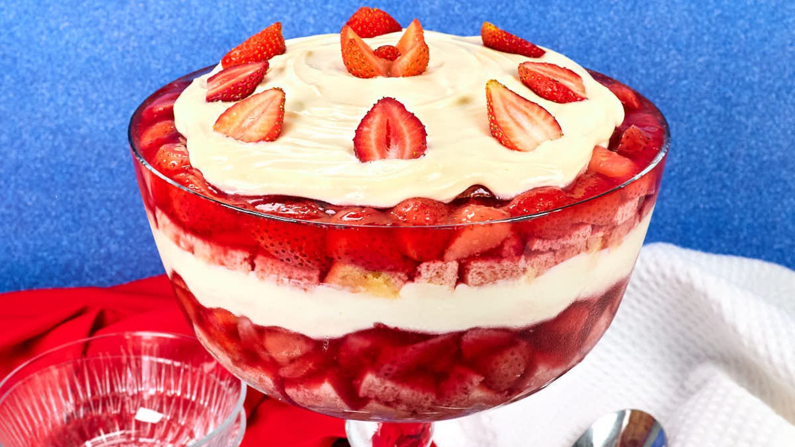 Layers of strawberry jello trifle.