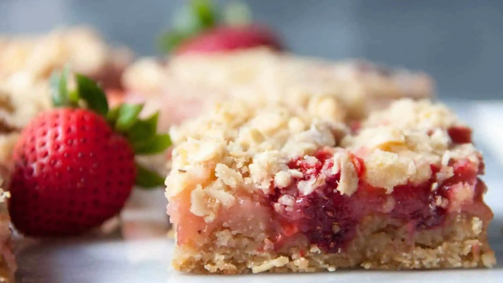 Strawberry rhubarb bar close up shot.