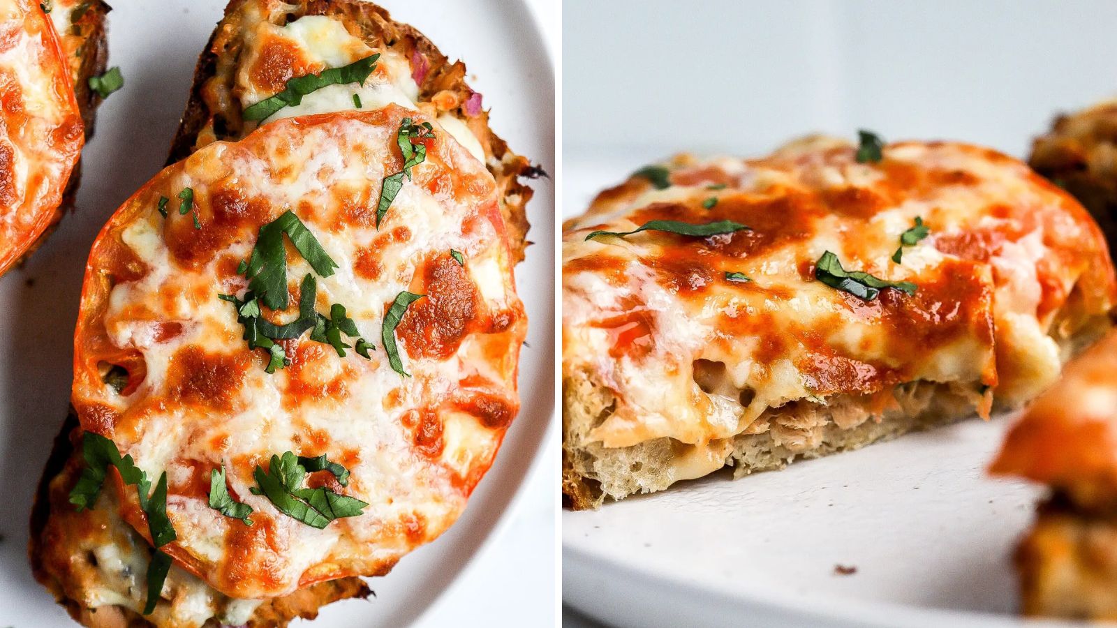 Tuna melt with chopped leaves on top.