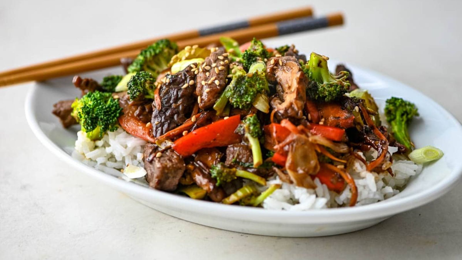 Stir fried beef broccoli. on a plate.