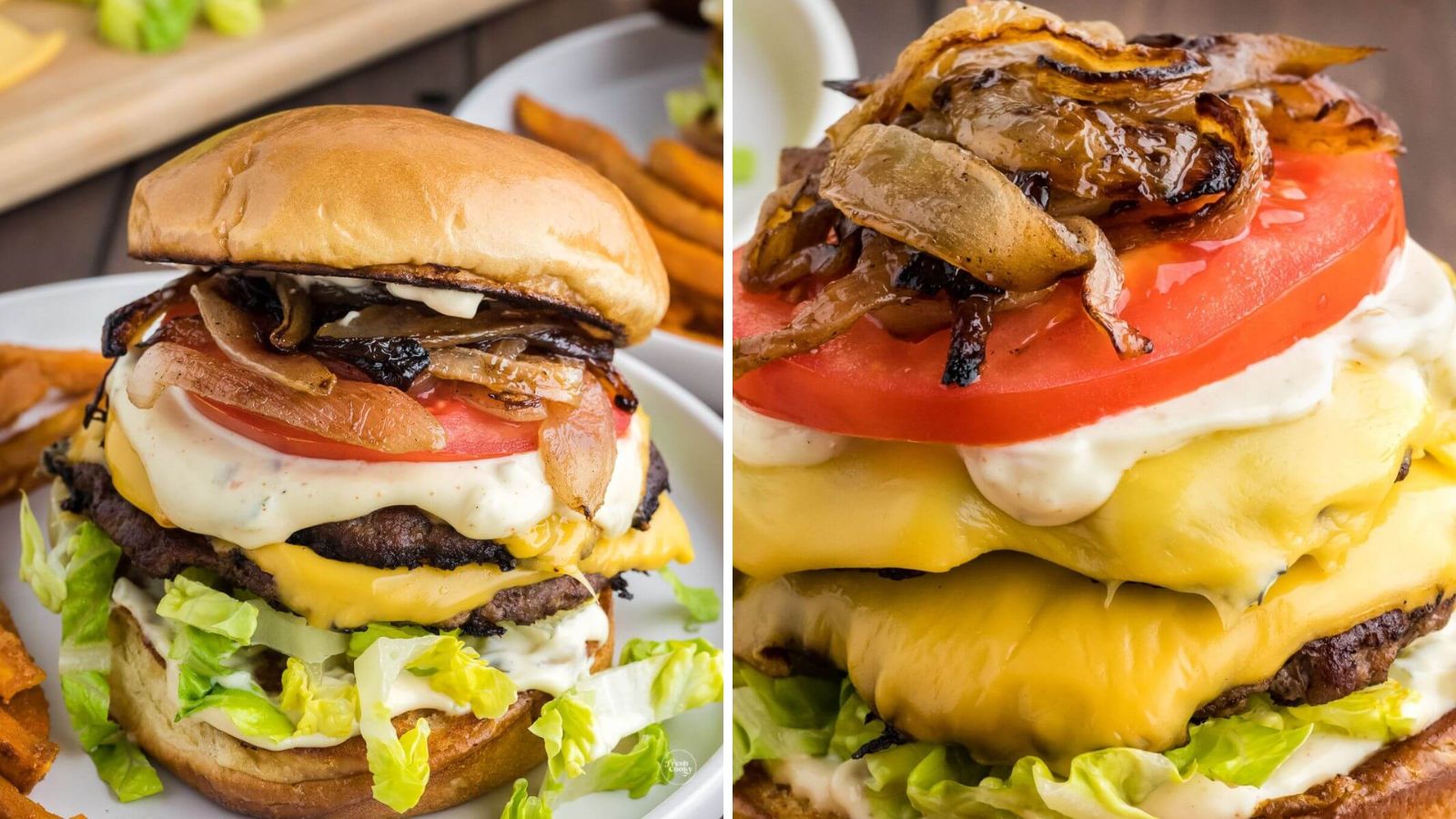 Smash burger with onions and tomatoes.