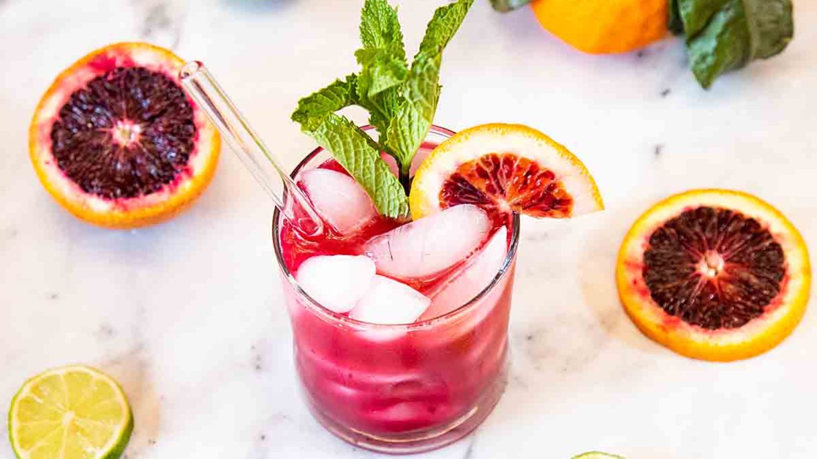 Blood orange margarita in a glass.