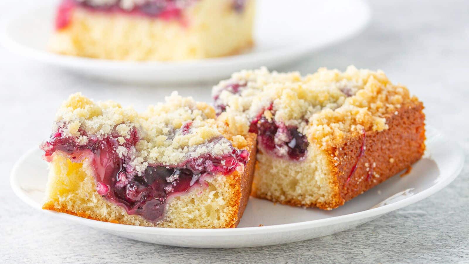Slices of blueberry coffee cake on a white plate.