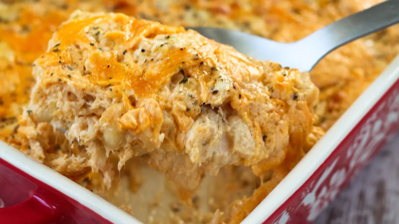 A portion of chicken mac and cheese.